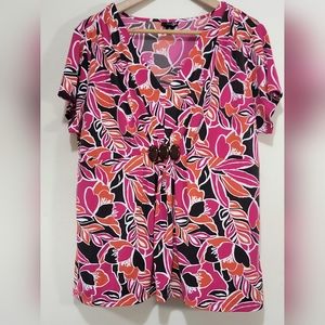 XL Plus Size East 5th Floral Print Beaded Detail Short Sleeve Top Sz XL Like New